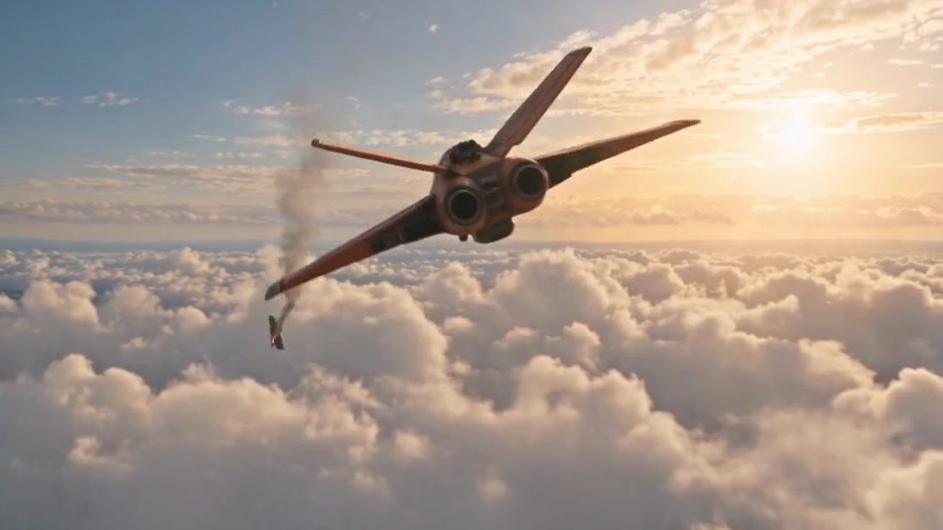 反撃を終えたオレンジの機体が、夕日の差す雲海へ飛び去る完成動画の終盤