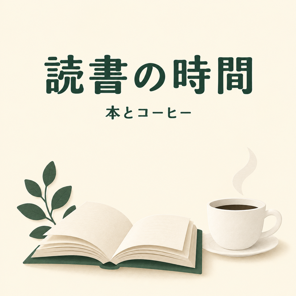 クリーム色の背景に深緑の日本語見出し、本とカップがある読書ポスター